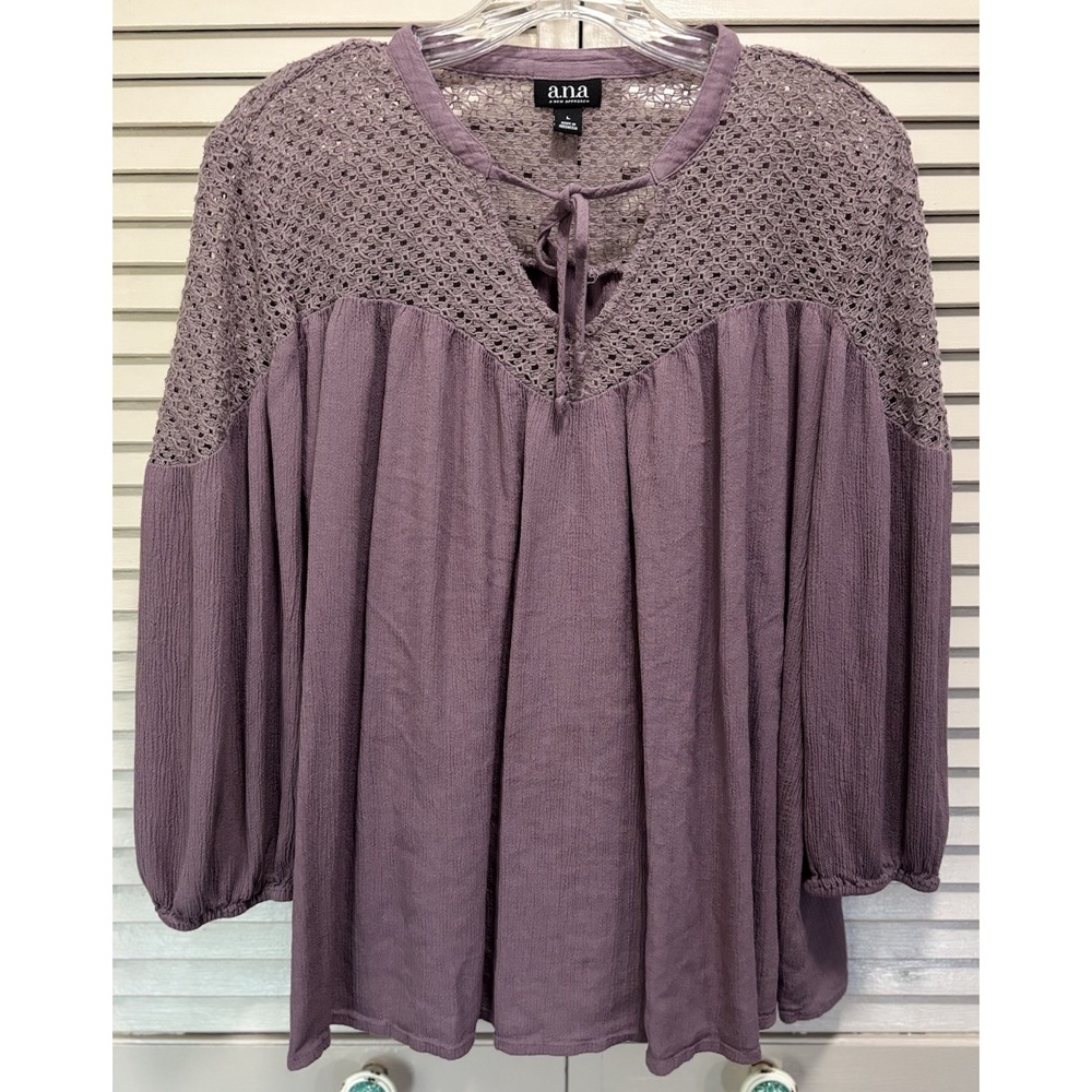 A.n.a Crochet Tie Neck 3/4 Balloon Sleeve Blouse Size‎ L Purple Flowy Boho